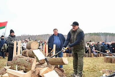 Лукашенко посетил чемпионат по колке дров среди журналистов