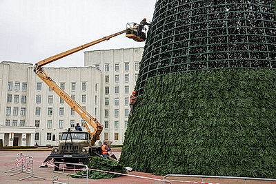 Выше девятиэтажного дома. В Могилеве монтируют главную новогоднюю елку региона