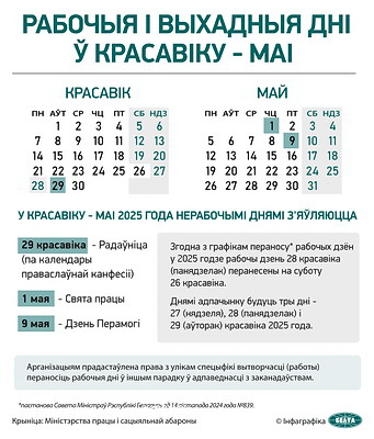 Инфографика. Рабочие и выходные дни в апреле - мае