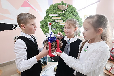 Около 100 аистов, сделанных учащимися и педагогами витебской СШ №46, украсили школьную экспозицию