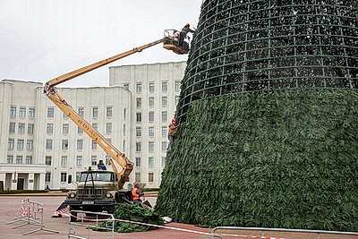 Выше девятиэтажного дома. В Могилеве монтируют главную новогоднюю елку региона