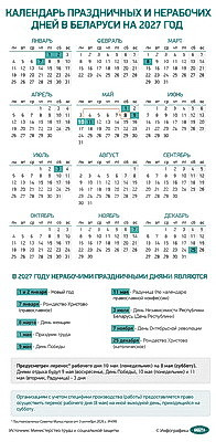 Инфографика. Календарь праздничных и нерабочих дней в Беларуси на 2027 год